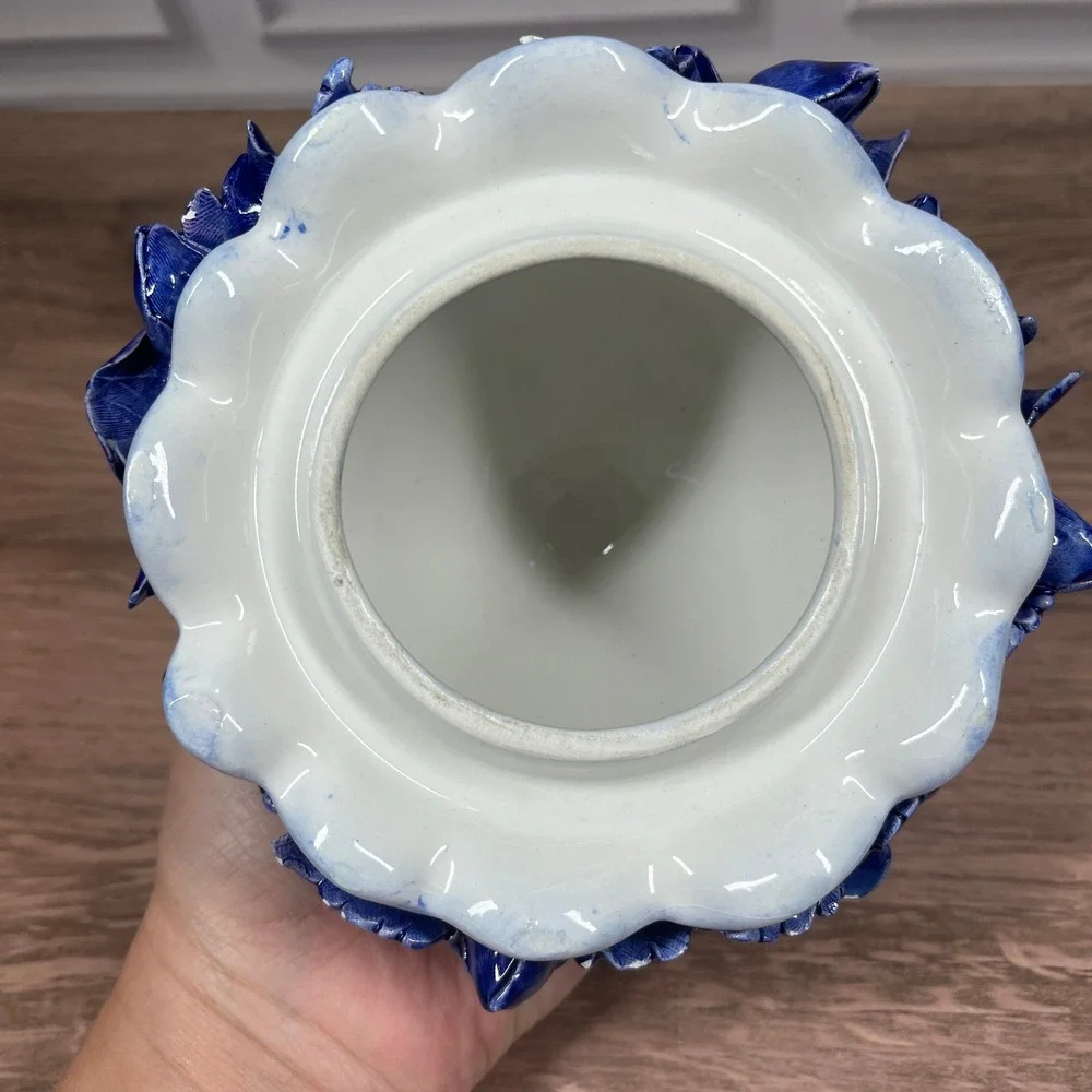 Italian Ceramic Floral Centerpiece Urn Blue White Roses Anemones Hand-Painted